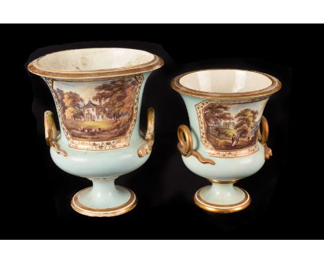 A graduated pair of Regency period damaged Derby porcelain urns, both in gilt and light green ground and each with a finely p