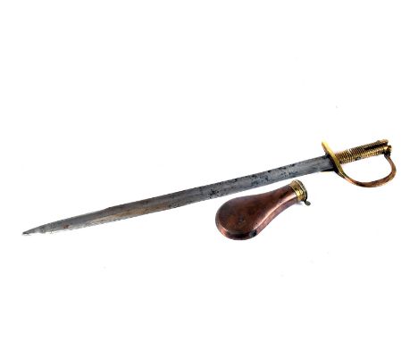 A 19th century brass handled bayonet, having thin brass hand guard, unmarked, together with a copper powder flask by Sykes (2