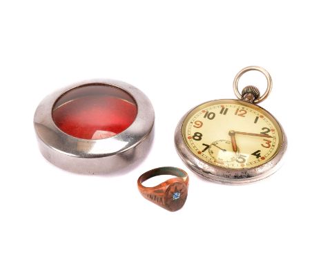 A WWII open faced pocket watch, the reverse marked with a broad arrow and G.S.T.P 160670, with separate case, plus a copper r