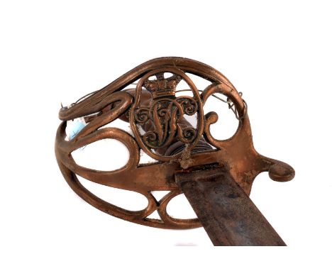 A British Cavalry Officers sword, with brass hand grip, leading to pierced hand guard with VR cipher to centre, on 83cm long 