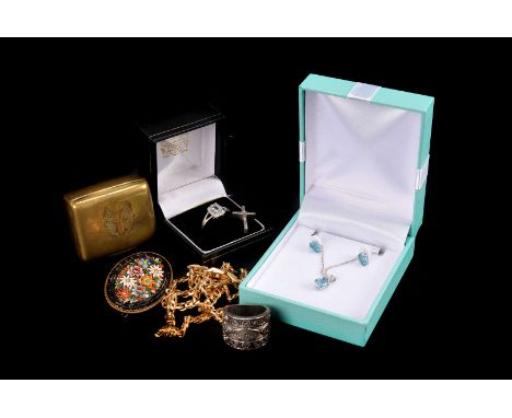 A small group of jewellery, including a 9ct white gold and gem set dress ring, a necklace and earring suite, a silver cross, 