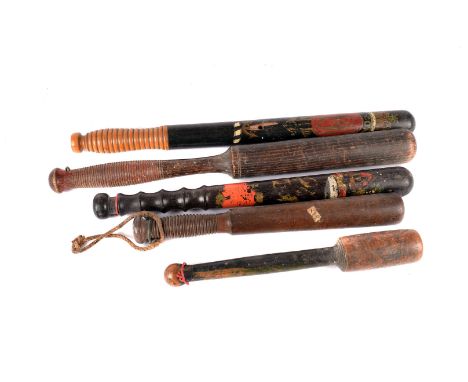 Two George V and later wooden police truncheons, both having hand painted decoration, together with three vintage night stick