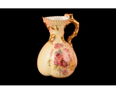 An Edwardian period Royal Worcester blush ivory porcelain ewer, with applied gilt handles and embellishments, painted floral 