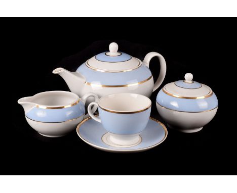 A Doulton part Tea set, of blue and gilt hoop design, consisting of Teapot, cream, sugar, four cups and saucers. 