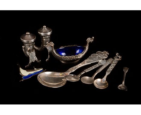 A 1960s Norwegian silver cruet set, in the form of two horns and a ship, together with an enamel long ship brooch, plus vario