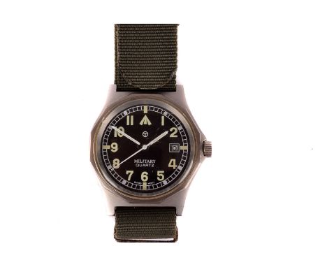 A modern stainless steel military wrist watch, having swiss movement, broad arrow to top of face, the stainless steel case on