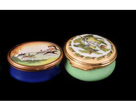 A Halcyon Days Enamel circular box,  interior of lid marked 'Firecrests' and other Bilston example with a hunting scene (2) 