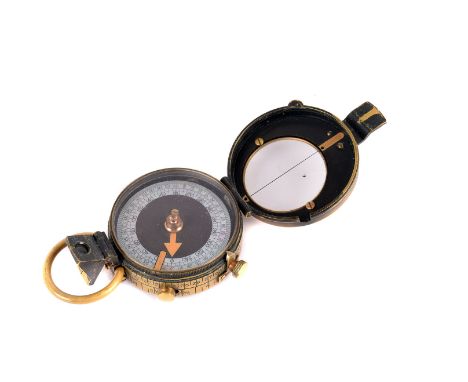A WWI trench compass, marked Verner's Pattern, Anglo-Swiss Association, No.34223, with broad arrow dated 1915, in brown leath