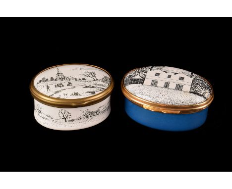 A Bilston enamel box,  oval shape, with church scene, interior with Gustav Holst music score and a National Trust Bilston lim