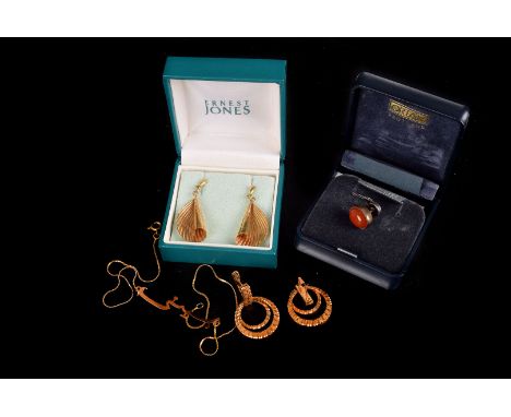 A pair of yellow metal earrings, together with another example, plus a continental yellow metal necklace and another item (5)