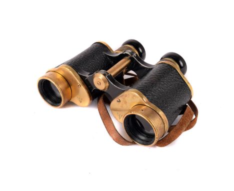 A pair of WWII Bino Prism No.2 MK.II field binoculars, the covered brass binoculars dated 1943, also with broad arrow to fron