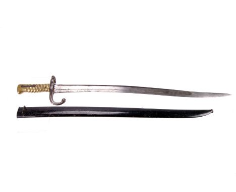 A late 19th century French Yataghan sword bayonet, marked F and S to blade, with engraving 'M re N lite chat julliet 1871 to 