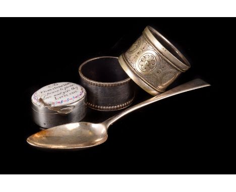 An enamel top snuff box 'As Thou alone hast power to please and give thy lover ease.' AF, together with a Georgian silver spo