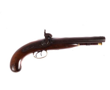 A mid 19th century double barrelled pistol, having percussion cap action and dual trigger, unmarked, complete with ram rod ba