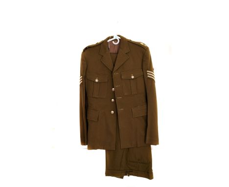A British Army Staff Sergeant's jacket, having CG to epaulettes, plus trousers, together with a British Army No2 dress jacket