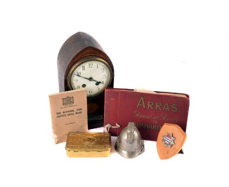 A Collection of WWI and later Military and Fire Service related items, including a mantle clock for hte '13th Battalion The L