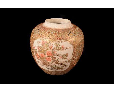 A late Meiji period Japanese Satsuma style pottery ginger jar base, with ornate gilt and enamel decoration, one panel with fi