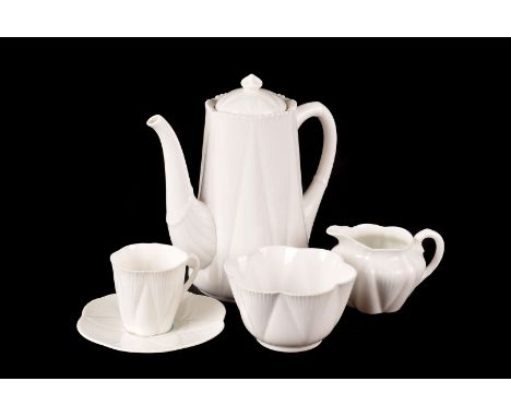 A Shelley 'White Star &amp; Fan' coffee set, comprising coffee pot, milk jus, sugar bowl, with six cups and saucers (15) One 