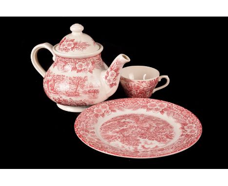 A Broadhurst Ironstone pottery part dinner and tea service, in pink, from the Constable Series Bicentennial, including a teap