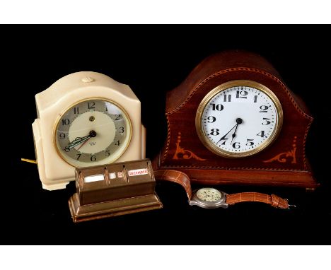 An inlaid Mahogany Mantle clock, with French movement together with two bakalite bedroom clocks, interesting page turner and 