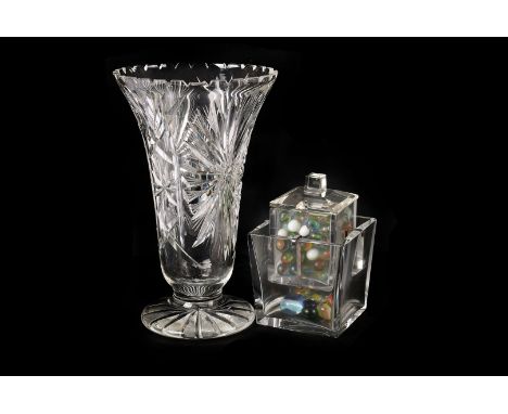 A Large cut glass vase, together with an interesting suspended preserve jar containg a collection of marbles, glass decanter 