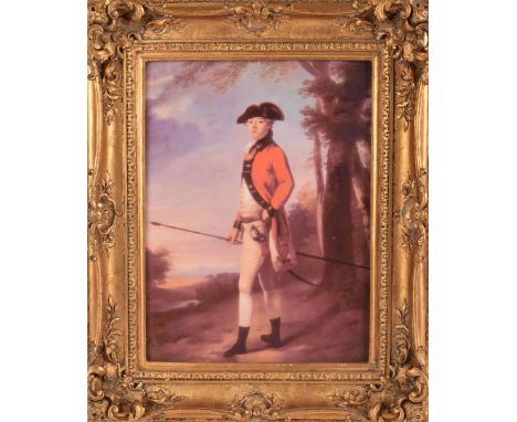 A large ceramic panel depicting a soldier, the young soldier wearing an 18th century English Foot uniform, with sword, holdin