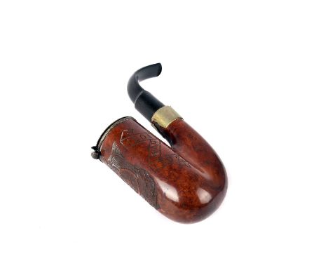 A Boer War memoir 1899-1902 smoking pipe, marked JKP, having engraved crest to front, flanked by dates within scrolls, with w