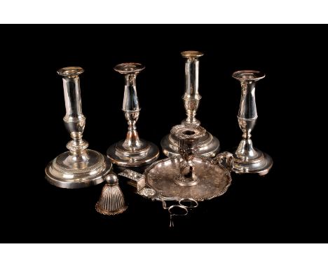 A fine Sheffield plated chamber stick, together with two pairs of Sheffield plated candle sticks, a pair of snuffs and anothe