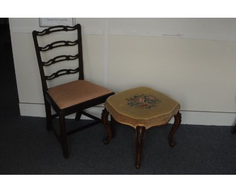 A Victorian walnut and upholstered foot stool, together with a ladder back style mahogany dining chair, AF (2) 