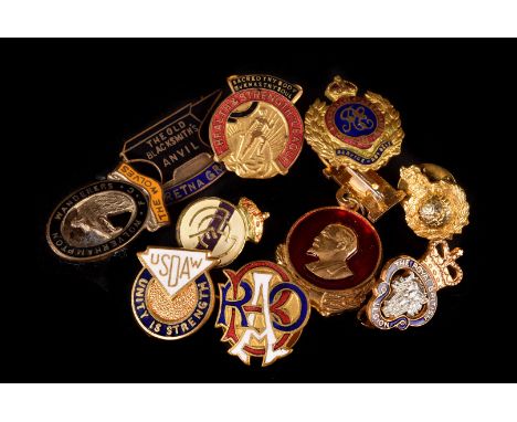 A small collection of enamel badges, including 'The Old Comrades Association', 'The Wolves', and more 