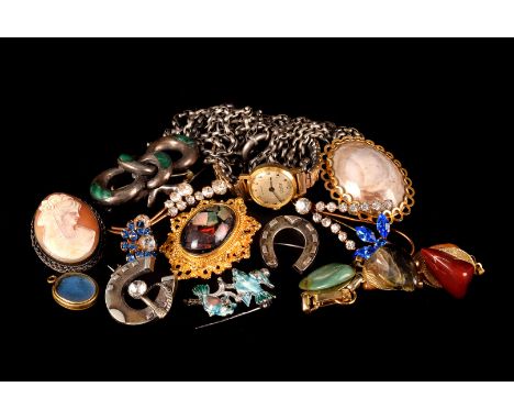 A small quantity of silver jewellery, plus other costume, to include a gold and enamel hair locket, an onyx topped silver thi