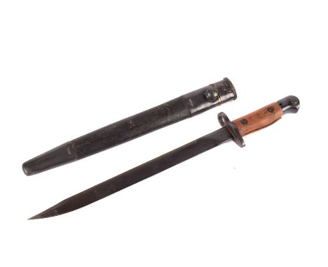 An American style military bayonet, marked Mk II 11 43 JU to the 30.5cm long blade, together with metal and leather scabbard 