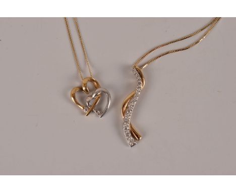 Two modern gold and gem set pendants on chains, one being marked 10ct set with diamonds, on fine box link chain, the other a 