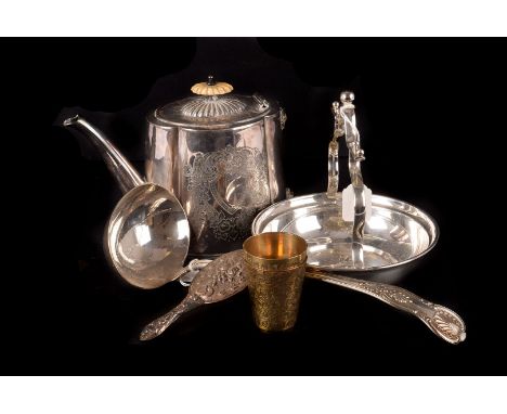 A collection of silver plated wares,  including a canteen of flatware, a soup ladle, and more (parcel) 