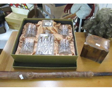 A boxed Essence crystal decanter and 4 tumblers, and old tea caddy (a/f) and a New Zealand tribal club