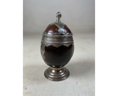 THOMAS HYDE OF LONDON; a rare 18th century silver mounted coconut cup and cover engraved ‘Elizabeth Rowlands inscrib’s this t