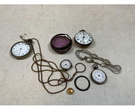 A 19th century silver pair cased key wind pocket watch with Roman numerals to the circular dial, a circular fob watch, a base