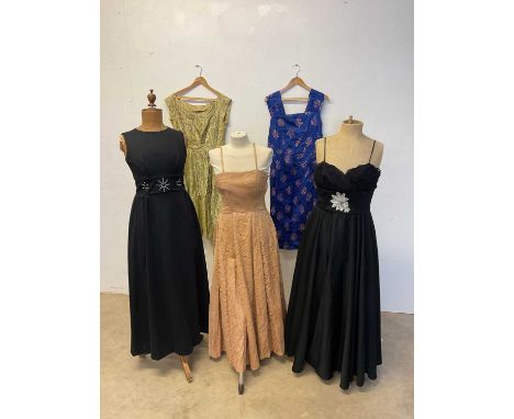 Vintage evening dresses including a 1950s lace prom dress, a California embellished evening dress and three others