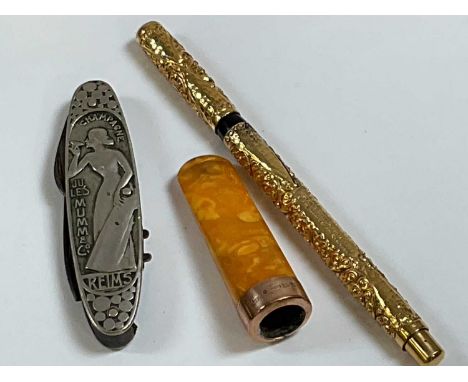 A vintage pocket knife and corkscrew marked 'Champagne Jules Mumm &amp; Co - Reims', a yellow metal Swan pen inscribed with i