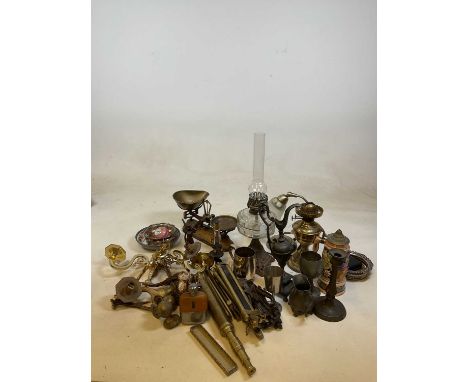 A box of metal ware including oil lamps, hip flasks, wall lights, door knobs and a knocker, scales, pewter, also a box of gla