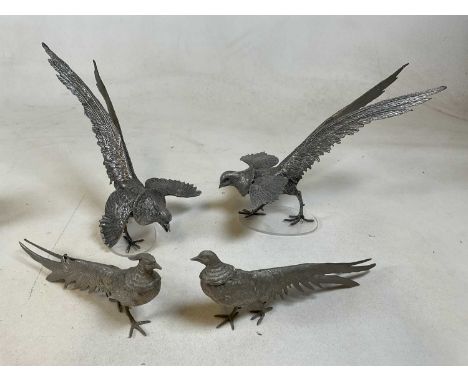 Two pairs of vintage white metal bird studies including a pair of pheasants and a pair of fighting pheasants, height 30cm, wi
