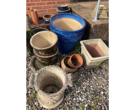 Various assorted planters, including a large ceramic pair of blue planters, other ceramic pots, a ceramic bath, concrete pots