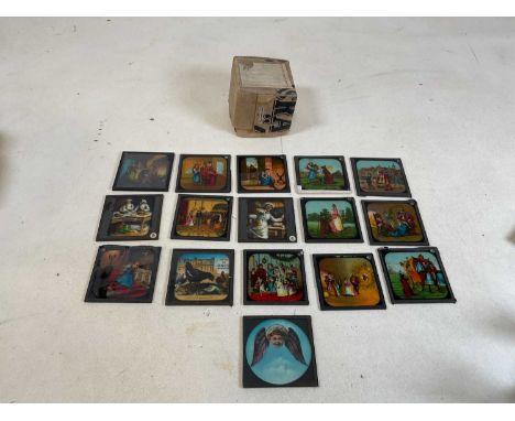 A box of magic lantern slides featuring some scenes from traditional fairy tales.
