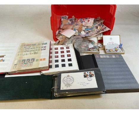 A quantity of loose stamps, five part filled albums including Penny Reds and Penny Blues, also an album of first day covers
