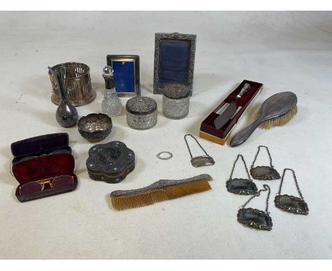 A collection of silver and silver plated items and two pairs of yellow metal prince nez, including dressing table items, a si