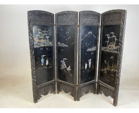 A small double sided Chinese four fold screen with mother of pearl inlay and carved detail, height 90cm, max width 100cm, and