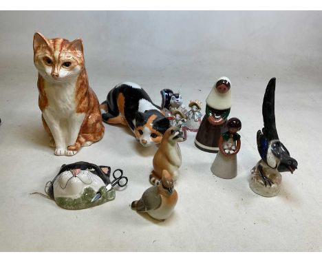 A collection of ceramic cats and animals including a large Babbacombe marmalade cat, a Babbacombe cat string dispenser, three