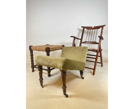 A mahogany folding chair, a gout stool and a bobbin turned string stool (3)Dimensions: Seat height 40cm.