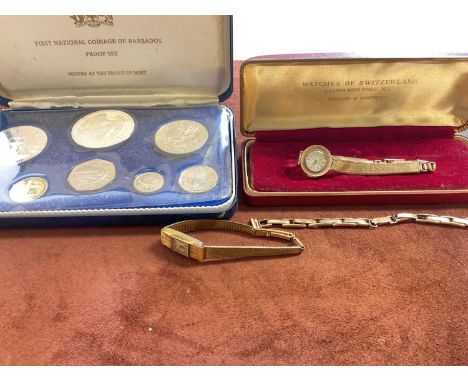 Two gold plated lady's cocktail watches, Incabloc and another, and a gold plated bracelet 9ct gold metal core, also a first n