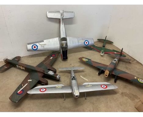 Model Aircraft; five 5 model planes (assembled) to include British examples, no engines, untested, for display, largest wings